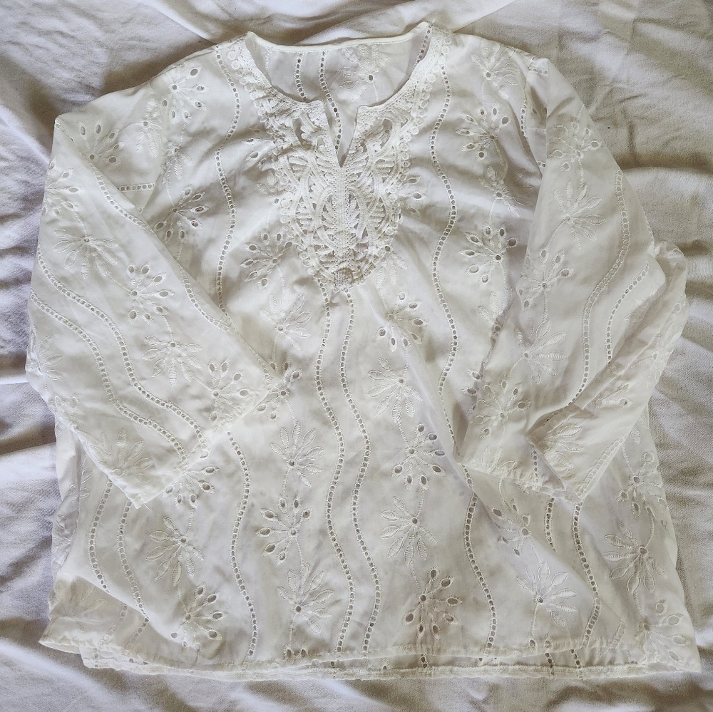Boho Eyelet Lace Tunic Top Womens 5XL White Cottagecore Peasant Romantic
